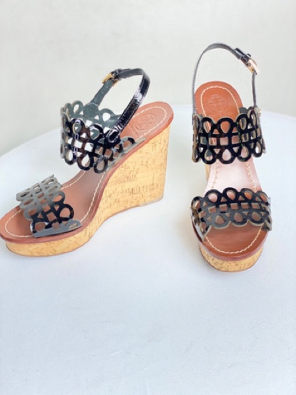 Tori Burch Nori Wedge Sandals with Cutout Straps - Black